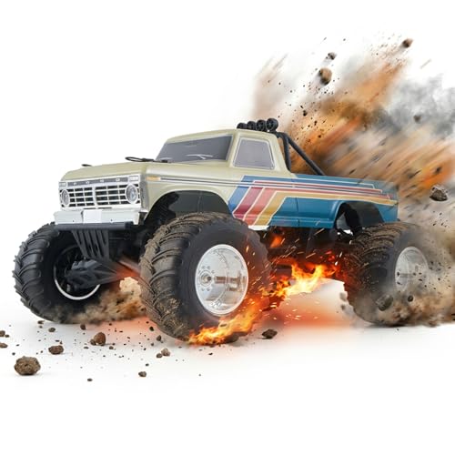 FMS 1/10 Ford F-100 Brushless RC Truck, 1973 Licensed RC Car for Adults, 55KM/H High Speed 2WD RC Crawler, Hobbywing 60A ESC & 3652 Motor, All-Metal Gears & Steel CVD Drive Shafts, RS (Blue/Green) - color: Navy Blue