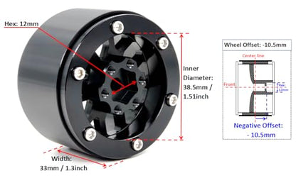 4pcs 1.9 Beadlock Wheels -10.5mm Negative Offset Rims 33mm Wide for RC 1/10 Crawler TRX4 SCX10 Gen8 Upgrades - color: Black