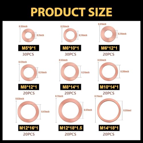 200 PCS Assorted Sizes Copper Washer Kit, Solid Metric Crush Washers for Oil Drain Plug & Banjo Bolt Seal, Universal Gasket Set for Cars, Trucks, Motorcycles, ATVs