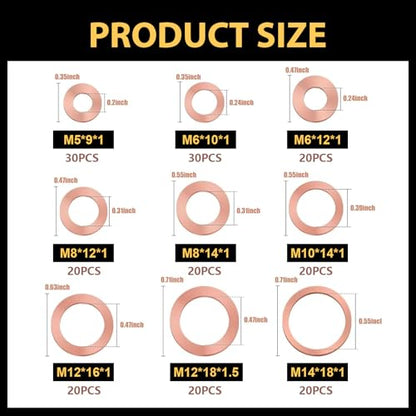 200 PCS Assorted Sizes Copper Washer Kit, Solid Metric Crush Washers for Oil Drain Plug & Banjo Bolt Seal, Universal Gasket Set for Cars, Trucks, Motorcycles, ATVs