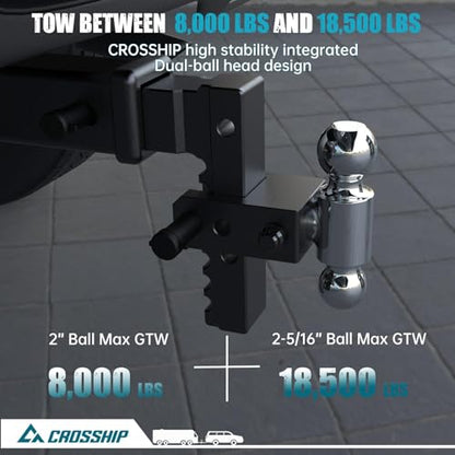 Adjustable Trailer Hitch - Heavy Duty Aluminum Drop Drawbar Hitch - Fits 2.5" Receiver, 8" Drop/Rise, for Truck, SUV, RV(18500 Lbs GTW) - color: Black, size: 2.5" 8 Drop-Dual Ball