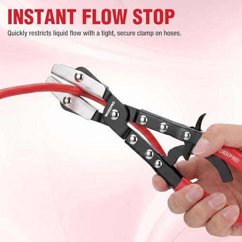 WORKPRO 10" Ratcheting Hose Pinch Off Pliers, Locking Hose Clamp Pliers | Ergonomic Grip for Radiator, Coolant, Automotive, Fuel Lines - Easy One-Handed Operation, Adjustable Jaw - color: Red