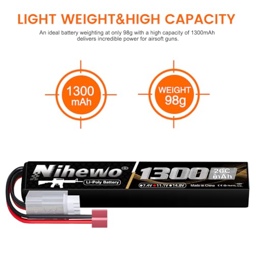 Airsoft Battery 11.1V 1300mAh 20C T Plug 2pcs for Airsoft Gun/Rifle | 11.1V Lipo Battery Airsoft 3S 1300mAh 20C Rechargeable Soft Case Lipo Battery with Dean T Plug for AEG Airsoft Guns/Rifles