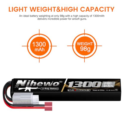 Airsoft Battery 11.1V 1300mAh 20C T Plug 2pcs for Airsoft Gun/Rifle | 11.1V Lipo Battery Airsoft 3S 1300mAh 20C Rechargeable Soft Case Lipo Battery with Dean T Plug for AEG Airsoft Guns/Rifles