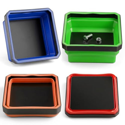 4 Pack Foldable Magnetic Tray Set, 4.5 Inch Square Silicone Magnetic Parts Tray with Dual-Sided Base, Foldable Magnet Trays for Screws Bolts Nuts Washers Pins & Small Metal Parts
