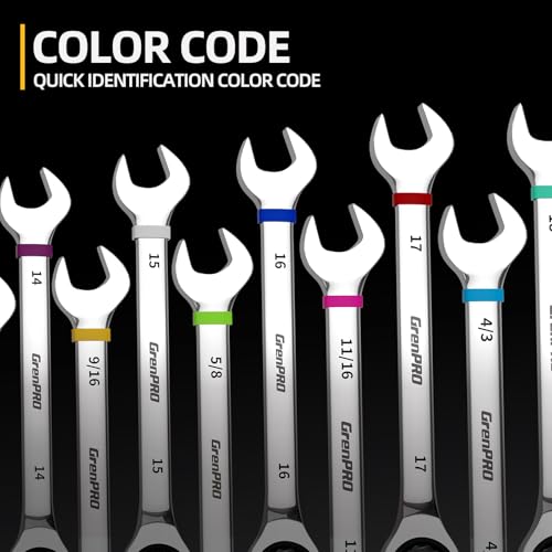GRENPRO 23PC Ratcheting Combination Wrench Set SAE Metric Mechanic Tools | 1/4"-3/4"&6-18MM with Bolt Gauge, CR-V Steel 72-Tooth 5-Degree Swing 12Pt, Color Rings, Roll Pouch for Auto & Home Repair - style: 23PCS Ratcheting Wrench Set Metric&SAE With Color