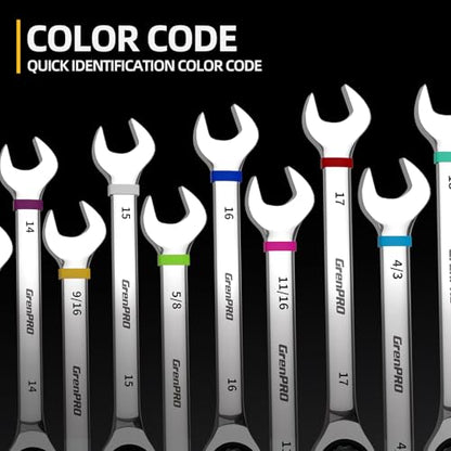 GRENPRO 23PC Ratcheting Combination Wrench Set SAE Metric Mechanic Tools | 1/4"-3/4"&6-18MM with Bolt Gauge, CR-V Steel 72-Tooth 5-Degree Swing 12Pt, Color Rings, Roll Pouch for Auto & Home Repair - style: 23PCS Ratcheting Wrench Set Metric&SAE With Color