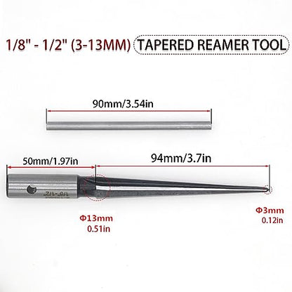 6-Flute Tapered Reamer 1/8 to 1/2 Inch T Handle for Guitar Luthier | 45 carbon steel, 1/4 inch hex shank compatible, chamfer reaming tool, bridge pin hole sizing, instrument repair use