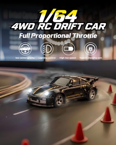 ARRIS 1/64 Micro Desktop RC Drift Car 4WD with 2-Speed Modes RTR | Pocket Size Design, LED Lights, Stunt Driving, Smooth Drifting, Indoor Fun - color: Black
