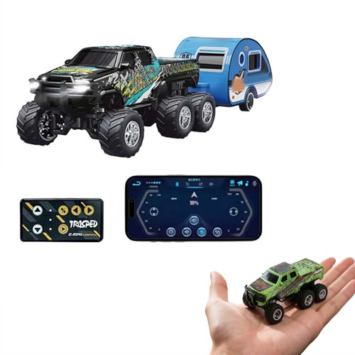 Mini Rc Truck,1/64 Scale Mini Remote Control Monster Truck with Trailer, 2.4Ghz Remote Control & APP, Rechargeable Alloy Shell RC Cars with Lights, Speed/Steering Adjustable (Black) - color: Black