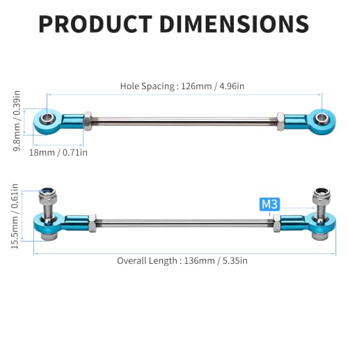 2 Pcs RC Toy Push Rod, M3x110mm Tie Rods Blue Ball Head Joint | 136mm Length, 304 Servo Linkage Link Rods, Double Aluminum Alloy Ball Head, for RC Cars, Planes, Helicopters, DIY Models - color: M3×110mm Rod