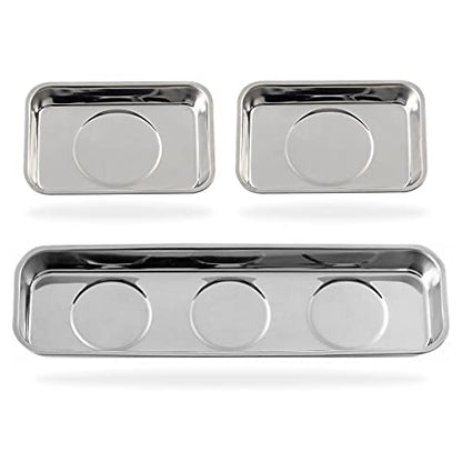 3 Pieces Magnetic Trays Set Stainless Steel Magnet Tool Tray Parts Holder for Screws, Sockets, Bolts, Pins, Mechanic's and Automotive - size: 3 Pieces Set (3.7" x 2.5" + 8.9" x 2.5")