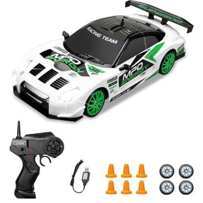 Remote Control Car 2.4GHz 1:24 Scale 4WD RC Drift Car 15KM/H High Speed Drifting RC Cars with Cool Lights Extra Tires Toys for Kids Boys Girls Adults, Green - color: L.white - Green