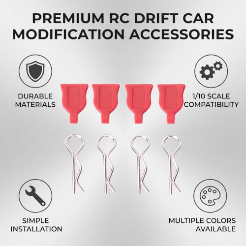 1/10 RC Car Body Clips with Silicone Pads, R Shape, Red | Secure Body Shell Mounting, Includes 4 R-Shaped Clips & 4 Silicone Pads, Durable RC Drift Car Accessory