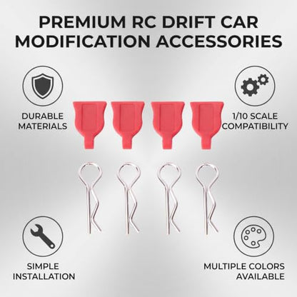 1/10 RC Car Body Clips with Silicone Pads, R Shape, Red | Secure Body Shell Mounting, Includes 4 R-Shaped Clips & 4 Silicone Pads, Durable RC Drift Car Accessory