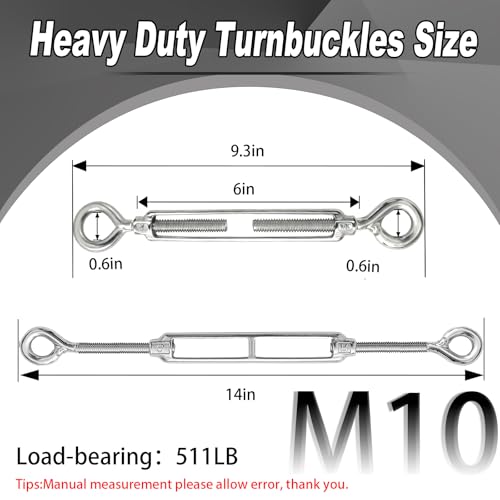 6 PCS M10 Eye and Eye Turnbuckles for Cables Wire Rope Tension | Made of 304 Stainless Steel, Corrosion Resistant , Easy to Use,511lbs Rated,Industrial Shade Sail Rigging - size: 6PCS-M10-OO