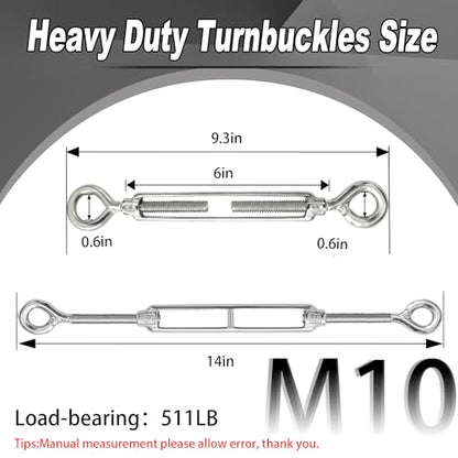 6 PCS M10 Eye and Eye Turnbuckles for Cables Wire Rope Tension | Made of 304 Stainless Steel, Corrosion Resistant , Easy to Use,511lbs Rated,Industrial Shade Sail Rigging - size: 6PCS-M10-OO