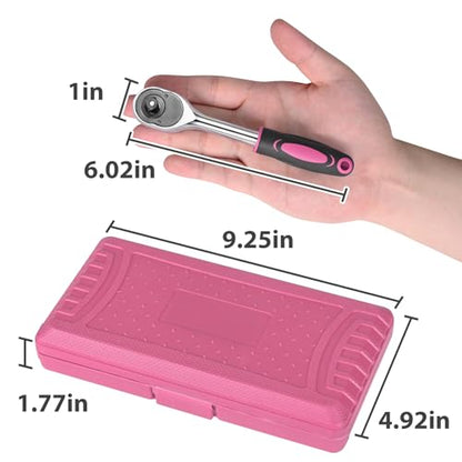 Egofine 46 Pieces 1/4 inch Drive Socket Ratchet Wrench Set, with Bit Socket Set Metric and Extension Bar for Auto Repairing and Household, with Pink Storage Case - style: 1/4" 46 PCS-Pink