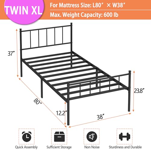 DIIYIV Twin XL Metal Bed Frame,Steel Slat Support,Noise Free,Easy Assembly | Twin XL Size Bed,Mattress Foundation,Underbed Storage,No Box Spring Needed - size: Twin XL