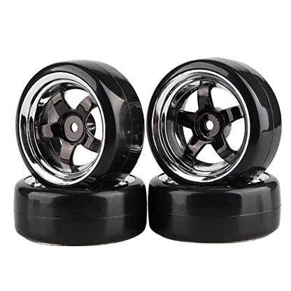 Plating 5-Spoke 12mm Hub Wheel Rims with Hard Plastic Tires for RC 1:10 Drift Car Color Black, 1/10 RC Tires and Wheels for 1/10 Redcat HSP HPI RC Drift Cars - color: Black