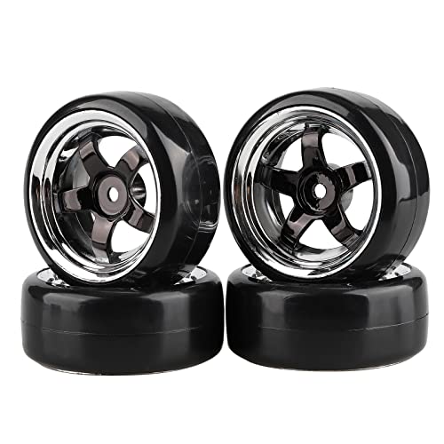 Plating 5-Spoke 12mm Hub Wheel Rims with Hard Plastic Tires for RC 1:10 Drift Car Color Black, 1/10 RC Tires and Wheels for 1/10 Redcat HSP HPI RC Drift Cars - color: Black