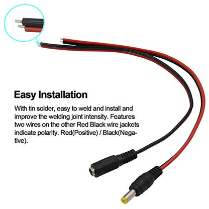 (Real 18AWG) 10 Pair 12V 5A DC Pigtail Barrel Plug Connector Cable | 2.1mm x 5.5mm, Male & Female DC Power Pigtail Connectors, for CCTV Security Camera, 12V Power Supply Adapter, LED, Router