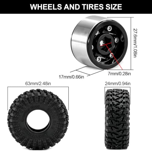 1.0" Beadlock Aluminum Wheels and 63mm Soft Rubber Tires | for SCX24, TRX4M, Ascent 18, FCX24, 1/18 1/24 RC Crawler, 7mm Hex, 0mm Offset, with Foam Inserts, (Black345) - color: Black 345