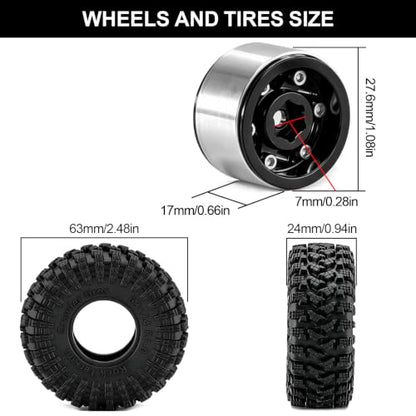 1.0" Beadlock Aluminum Wheels and 63mm Soft Rubber Tires | for SCX24, TRX4M, Ascent 18, FCX24, 1/18 1/24 RC Crawler, 7mm Hex, 0mm Offset, with Foam Inserts, (Black345) - color: Black 345