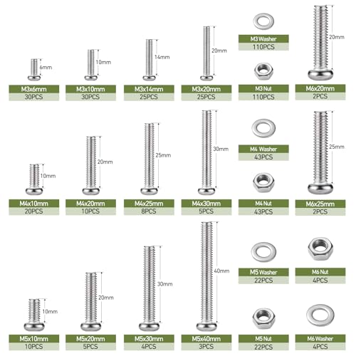 537Pcs M3 M4 M5 M6 Bolts Assortment Kit, Metric Machine Screws Phillips Pan Head Nuts Bolts Washer Assortment Kit, 304 Stainless Steel for Household Repairs,Electrical Wall Plate Switch - size: M3/4/5/6 537PCS Machine SS