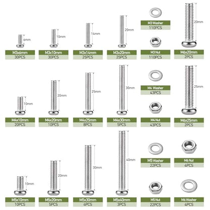 537Pcs M3 M4 M5 M6 Bolts Assortment Kit, Metric Machine Screws Phillips Pan Head Nuts Bolts Washer Assortment Kit, 304 Stainless Steel for Household Repairs,Electrical Wall Plate Switch - size: M3/4/5/6 537PCS Machine SS