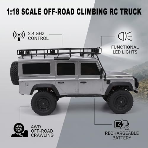 1/18 Scales Remote Control Truck, MN-111 Remote Control Crawler with LED Lights, 2.4GHz Four Wheel Drive Rechargeable Climbing RC Truck for Teens Adults (Silver Grey) - color: Silver Grey
