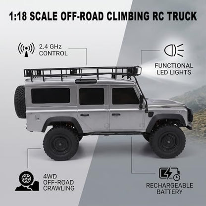 1/18 Scales Remote Control Truck, MN-111 Remote Control Crawler with LED Lights, 2.4GHz Four Wheel Drive Rechargeable Climbing RC Truck for Teens Adults (Silver Grey) - color: Silver Grey