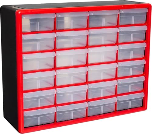 Akro-Mils 24-Drawer Plastic Storage Cabinet, 20"W x 6"D x 16"H, Red | Plastic Cabinet w/ Drawers for Garage Organization, Beads, Building Bricks Storage, Teacher Toolbox, Makeup Organizer, 10124 - color: Red, size: 24 Drawer, style: 1 Pack