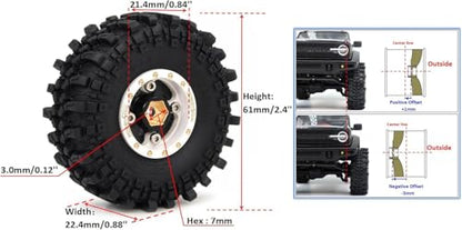 61 * 22.4mm Soft Sticky 1.0 Mud Terrain Tires Tyre & Brass 1'' beadlock Wheels Rims for RC Crawler 1/18 TRX4M 1/24 SCX24 Upgrades, HS701457 - color: White & Black