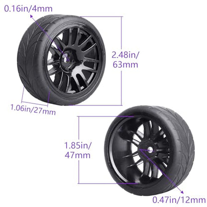 HobbyPark Glued 1/10 On-Road RC Touring Tires and Wheels Set for 1/18 Traxxas Latrax Teton 4 Tec 2.0 3.0 Tamiya TT02 TT01 Brushless (4-Pack) (Color A) - color: Color a