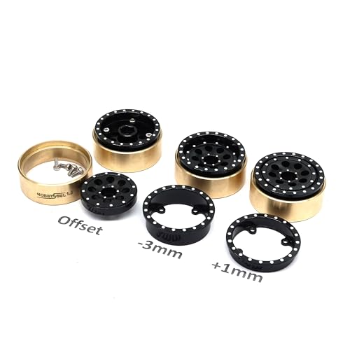 Brass Weight RC 1.3" Beadlock Wheels 4-Pack For TRX4M SCX24 | 43g/rim adjustable offset Black wheel with 7mm hex hub, For 1/18 TRX4M High Trail & 1/24 micro RC crawlers Upgrades - color: Black