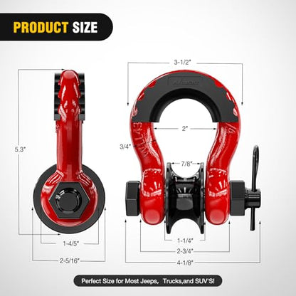 Nilight 3/4" D-Ring Shackle with Snatch Block, Heavy Duty Recovery Set | 9,500 lbs WLL, Winch Pulley, Fits Synthetic Rope & Steel Cable, Truck, Jeep, ATV, UTV, 2-Piece Kit, Red - color: Red 3/4" w/Towing Pulley 2 Pack, size: 3/4 inch