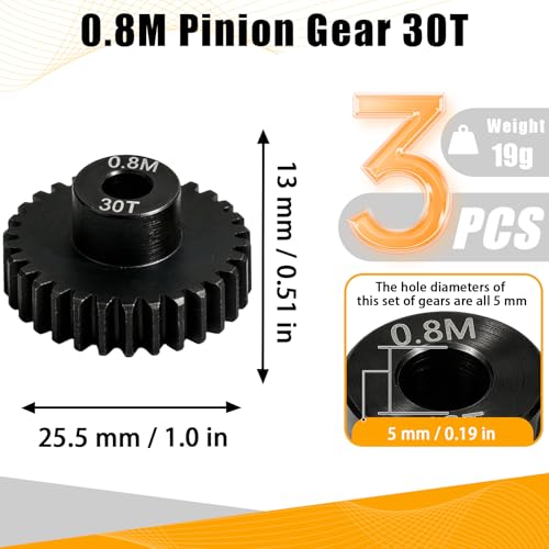 3-Pack Steel Metal 0.8M 5mm Pinion Motor Gear Sets 30T Compatible with HPI Kyosho Losi Axial Tamiya 1/8 1/10 RC Car Monster Truck Buggy, 0.8 Module Gear for Traxxsa Arrma - style: 3Pcs 30T