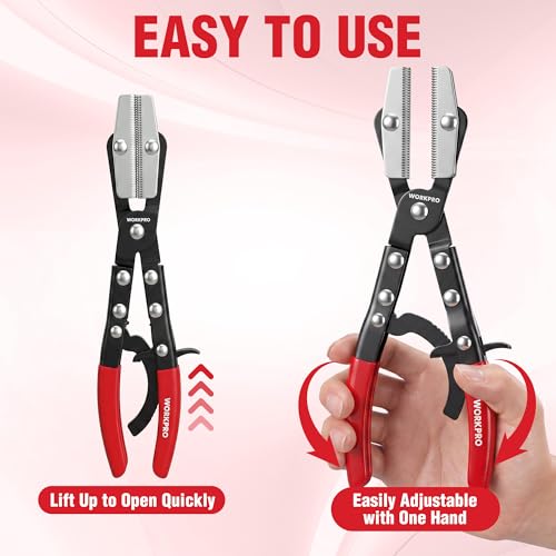 WORKPRO 10" Ratcheting Hose Pinch Off Pliers, Locking Hose Clamp Pliers | Ergonomic Grip for Radiator, Coolant, Automotive, Fuel Lines - Easy One-Handed Operation, Adjustable Jaw - color: Red