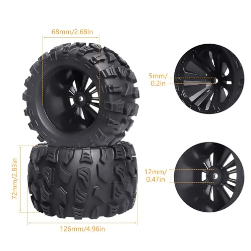Preglued RC 1/10 Monster Truck Tires and 12mm Hex Wheels for Traxxas Stampede Hoss Rustler 4x4 VXL 2WD Redcat Volcano EPX S30 HSP 94111