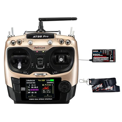 Radiolink AT9S Pro 10/12 Channels RC Transmitter and Receiver R9DS Grey | Long Range RC Remote Radio Controller for RC Airplane, FPV GPS Drone, Car, Boat and More Mode 2 - color: Champagne Gold