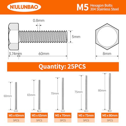 M5 x 60mm 65mm 70mm 75mm 80mm Heavy Duty Hexagon Bolts Hex Head Screws, 304 Stainless Steel, Metric Fully Thread, Machine, Bright Finish, Assortment Kit 25PCS - size: M5 x 60/65/70/75/80mm (25PCS)