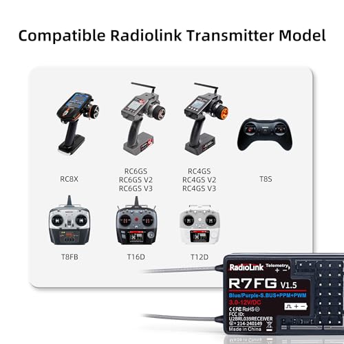 Radiolink R7FG 7 Channel Gyro Receiver 2.4GHz Integrated Telemetry Long Range Control for RC Car Boat Compatible Radiolink Transmitter RC6GS V3/RC6GS V2/RC6GS/RC4GS V3/RC4GS V2/RC4GS(2 Pcs) | 2.4GHz for RC Car/Boat, 600m Long Range Control, IPX4 Water Spl