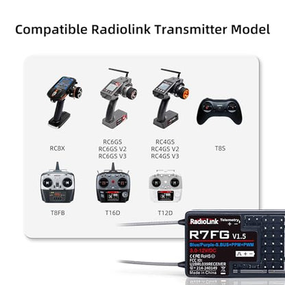 Radiolink R7FG 7 Channel Gyro Receiver 2.4GHz Integrated Telemetry Long Range Control for RC Car Boat Compatible Radiolink Transmitter RC6GS V3/RC6GS V2/RC6GS/RC4GS V3/RC4GS V2/RC4GS(2 Pcs) | 2.4GHz for RC Car/Boat, 600m Long Range Control, IPX4 Water Spl