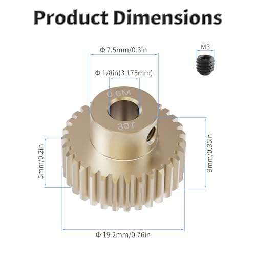 Pinion Motor Gear, M0.6 30T, 1/8 in (3.175mm) Shaft Hole | M0.6 Pitch 30 Teeth, 7075 Aluminum Alloy, 1/8 Inch Shaft Hole, RC Motor Pinion Upgrade, for 1/10 RC Brushless Crawler - size: M0.6 30T
