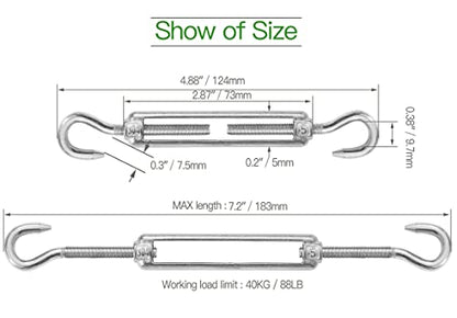 6PCS M5 Hook & Hook Turnbuckle 304 Stainless Steel Turnbuckle Wire Rope Tension Heavy Duty Turnbuckles for Cable Railing Wire Rope Hardware Kit (M5, Hook & Hook) - style: Hook & Hook-M-5