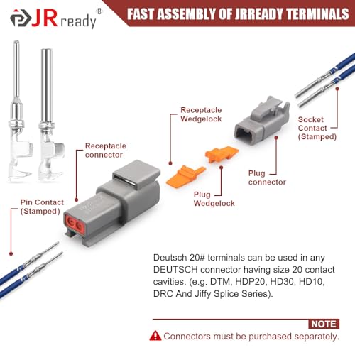JRready Deutsch DTM Connector Terminal Kit Size 20,Male Pins 1060-20-0122/ Female Sockets 1062-20-0122 Open Barrel Style Contacts for Wire Gauge 16-22AWG,ST6256-100 Stamped & Formed Contacts Set - size: #20 Stamped Contacts(16-22AWG) 7.5A (Max)
