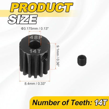 MECCANIXITY 48P Hardened Steel Pinion Gear, 14T 3.175mm Shaft Metal Motor Gear with Hex Key for RC Brushless Brush Motor Model Car Replace(Black) - size: 14T