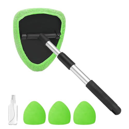 Windshield Cleaning Tool, Car Window Cleaner with Extendable Handle, 4 Microfiber Pads and Spray Bottle, Auto Interior Exterior Glass Wiper Cleaning Kit Universal for RV, SUV, Truck (Green) - color: Green