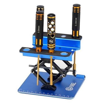 RC Car Adjustable Height Work Stand with Screwed Tray Made of Aluminum Alloy Suit for TRX4M Axial Arrma Redcat Losi Etc 1/8 1/10 1/12 1/14 1/16 1/18 RC Car Tool Set (Blue) - color: Blue